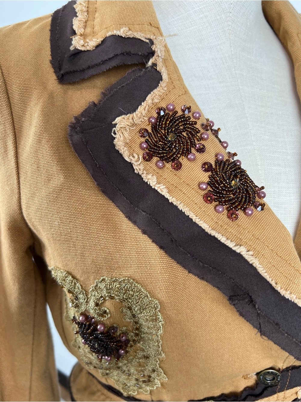 Rhapsody Y2K Beaded Lace Applique Canvas Jacket Boho Small Cotton - Picture 3 of 14